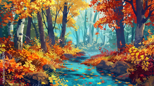 Vibrant autumn forest scene with colorful leaves and a small creek.