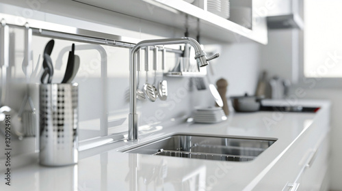 White counters with sink and utensils in interior