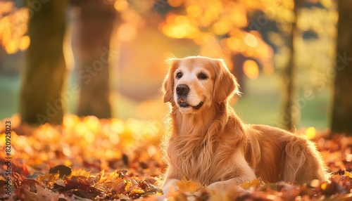 golden retriever outdoors in a park in autumn season
