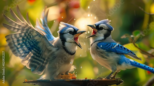 Funny baby blue jays squabbling over a feeder, their colorful plumage and squawks adding to the amusing scene.