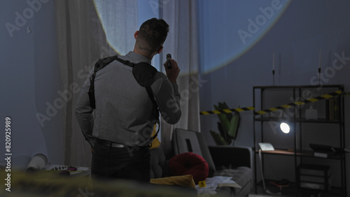 Detective man examines a crime scene in a dimly lit indoor apartment with caution tape and evidence markers.