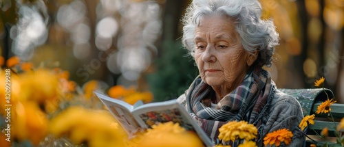 The elderly woman, with a thoughtful expression, sat in the garden, surrounded by flowers, jotting notes on her notepad