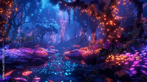 A magical forest scene rich with glowing flora and shimmering fauna under a starlit sky, creating an otherworldly landscape of beauty