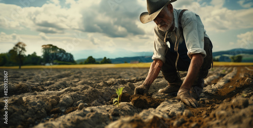A sad farmer checks the crops. Crop failure on dry land in drought. A man in a cowboy hat is sowing seeds in a field