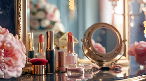 Decorative cosmetics with accessories on dressing table