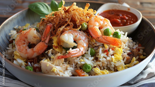 A bowl of Indonesian nasi goreng, a fragrant fried rice dish cooked with shrimp, chicken, eggs, vegetables, and kecap manis, topped with crispy shallots and served with a side of spicy sambal.