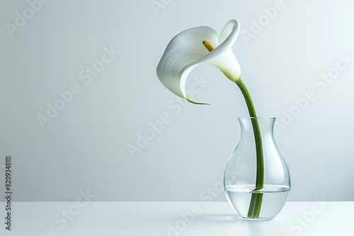 A single elegant calla lily displayed in a sleek glass vase against a minimalist white backdrop, its graceful curve and pristine white petals embodying modern sophistication in