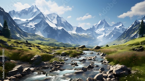 Panoramic view of mountains and river. Beautiful summer landscape.