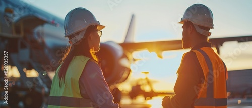 Two engineers in hard hats looking at an airplane in a hangar. aircraft, maintenance, service