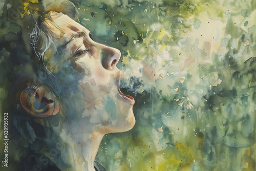 Pollen Season Watercolor Painting Depicting a Person Sneezing