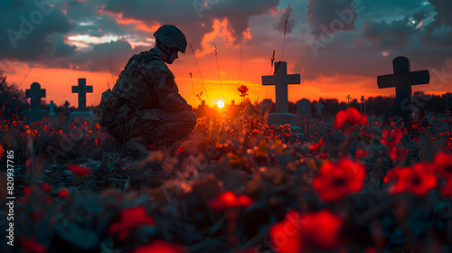 A silhouette of a soldier kneeling before a fallen comrade's tombstone on Memorial Day, captured at sunset with a backlit technique to create a powerful and emotional image of sacrifice and honor
