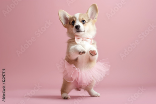Adorable corgi puppy in a pink tutu and bowtie on a studio background