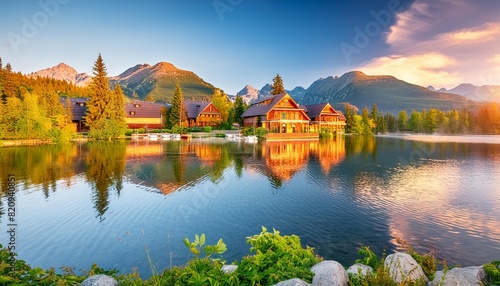 a charming evening view of the resort settlement near strbske pleso