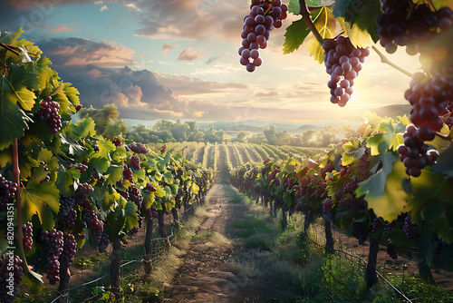 Expansive vineyards filled with ripe grapes, showcasing the beauty and abundance of large plantations.