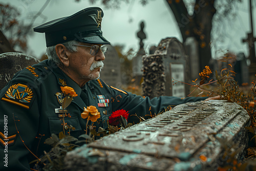 A veteran saluting a tombstone at a Memorial Day service, to highlight the respect and emotion of the moment