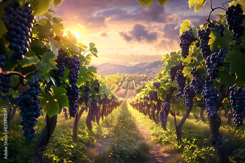 Expansive vineyards filled with ripe grapes, showcasing the beauty and abundance of large plantations.