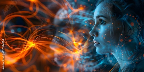 Holographic woman contemplating data analysis and cybersecurity in digital technology research. Concept Technology, Cybersecurity, Data Analysis, Holographic, Research