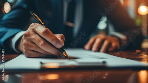An image showcasing a close-up of a man's hand with a fountain pen signing important documents with warm lighting