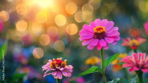 A single pink zinnia elegans stands out with a bokeh-light-filled background at sunset