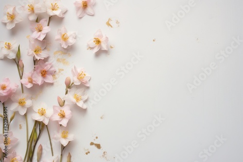 daffodils blooming, flowers, pink buds on a white canvas, in the style of minimalistic elements, angular simplicity, subtle minimalism,