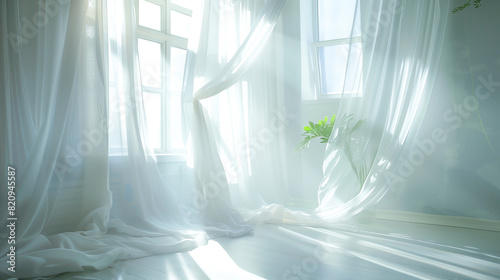 A visually appealing image of a sunlit room with an open window and billowing sheer curtains