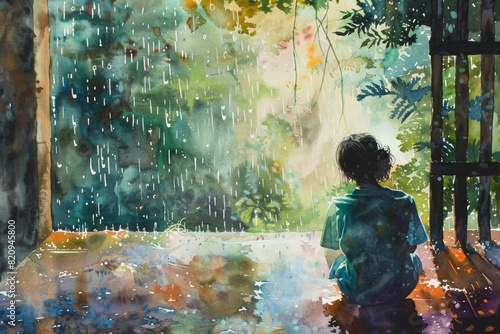 Thirsty Person Yearning for Precipitation in Watercolor Representation