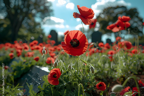 Tombstones adorned with red poppies and American flags on Memorial Day, to show the breadth of the tribute and the unity in remembrance, creating a powerful visual statement