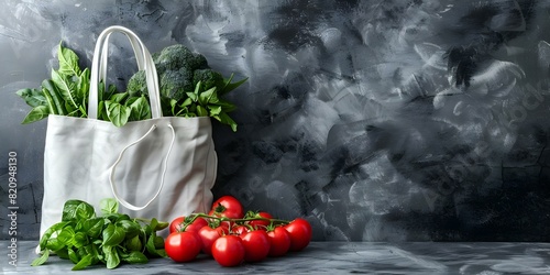 Stylish table setting with fresh vegetables displayed in white shopper bag. Concept Food Styling, Fresh Vegetables, Table Setting, Stylish Presentation, Shopping Bag Display