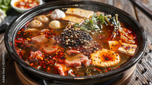 A bowl of spicy Sichuan hot pot, with a variety of meats, vegetables, and tofu cooked in a flavorful broth seasoned with chili peppers, Sichuan peppercorns, and spices.