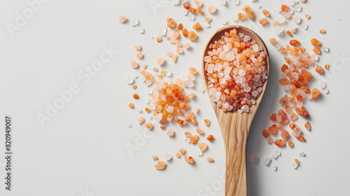 Wooden spoon with Himalayan salt on white background -