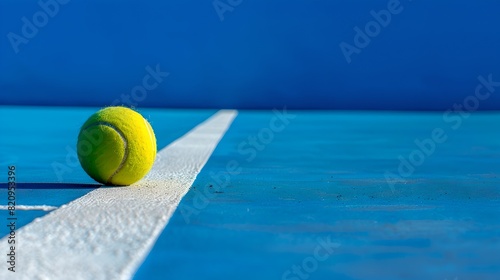 Tennis ball on blue court with white line. Sport stock photo, perfect for websites and blogs. Bright colors and minimalist style. AI