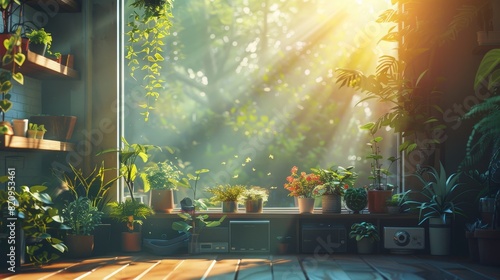 Illustrate a mesmerizing low-angle perspective of classic IoT objects like smart home devices blending seamlessly with nature - vibrant plants and streaming sunlight Create this sc