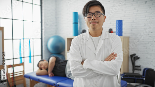 A confident male physiotherapist with crossed arms stands in a clinic, a patient resting on a treatment table in the background.