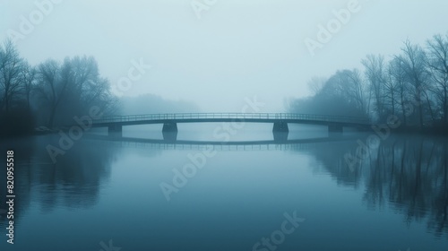 Serene early morning scene with a bridge shrouded in mist over a tranquil river surrounded by bare trees