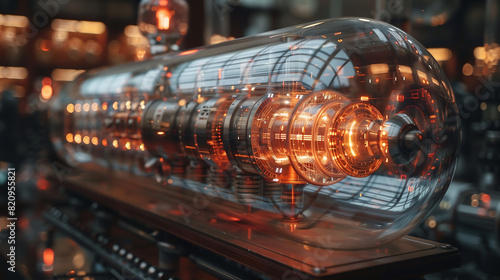 a futuristic quantum computer, an advanced technology device, a long, cylindrical structure with glowing orange lights and intricate circuitry visible through its transparent shell