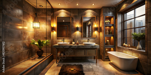 Elegant Dark Style: Luxurious Bathroom Design. Perfect for: Home Renovation Inspiration, Interior Design Trends, Luxury Living, Spa Day Promotion, Home Decor Blogs, Bathroom Remodeling Ideas.
