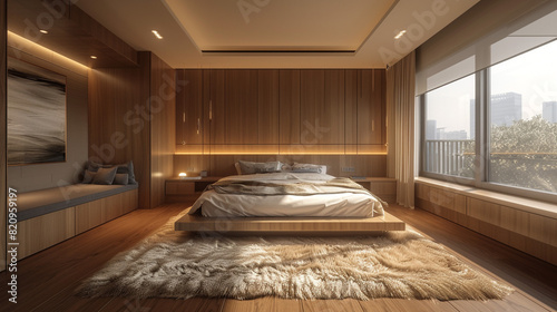 Soothing master bedroom with a minimalist platform bed, built-in wood cabinets, and a fluffy area rug.