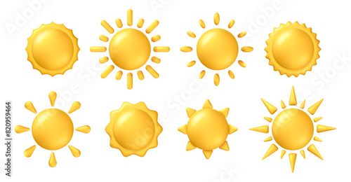 Sunny bright sun with rays and warming sunshine. Vector isolated set of realistic 3d icons for application UI or widgets showing forecast. Hot temperature or climate, warm and shining circles