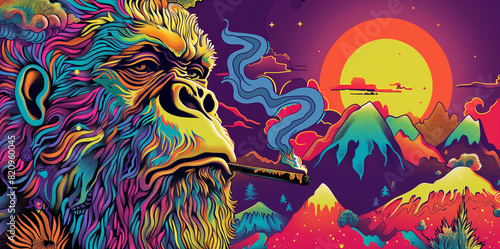 Bigfoot smoking a joint - vivid psychedelic style art of a sasquatch blazing a blunt at sunrise with mountain view