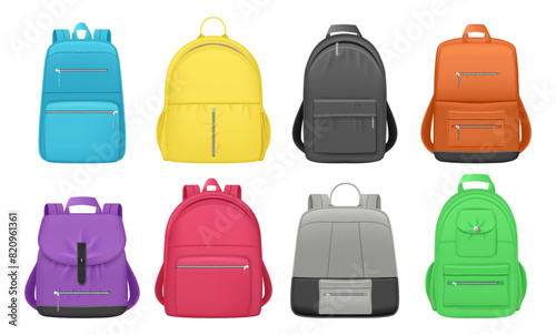 Satchels set, isolated realistic bags with pockets and adjustable straps for supplies, padded shoulder straps and back panels. Vector backpacks for students and pupils, travelers and tourists