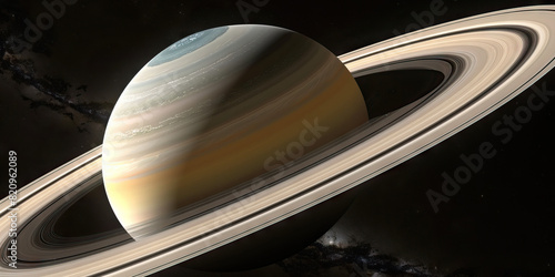 Saturn's rings cast their iconic gleam, their pale gold and white bands starkly contrasting against the deep black of space