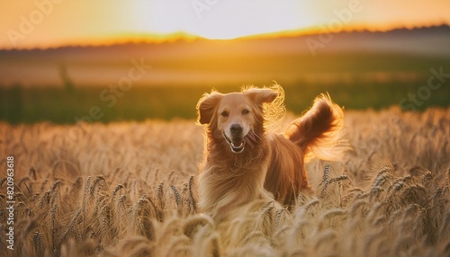 happy golden retriever dog running in field at sunset generative ai