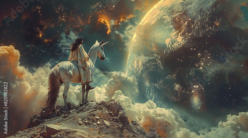 Arabic people riding unicorn on the space with moon background