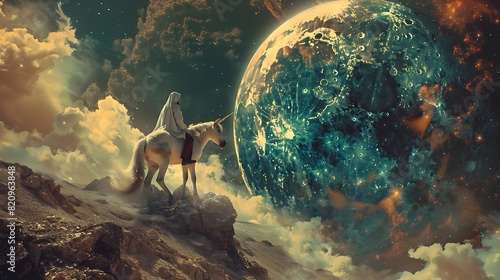 Arabic people riding unicorn on the space with moon background