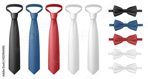 Formal wear clothing for men, isolated necktie set. Vector realistic bow and tie of different colors and polka dot print. Elegant male apparel for business occasions. Accessory for businessman