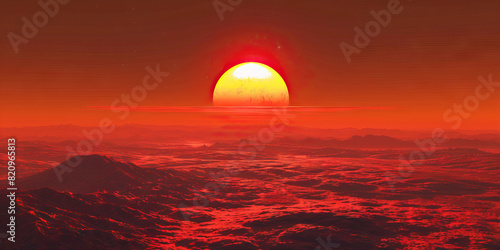 The bright red sun dips below the horizon, casting a warm glow across the dusty Martian terrain