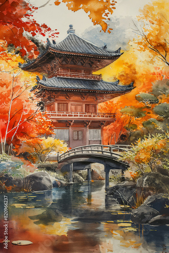 Watercolour illustration of Japanese pagoda in autumn foliage garden with timber bridge over water.2:3 ratio