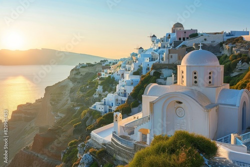 A beautiful white church with a blue dome sits on a hill overlooking the ocean