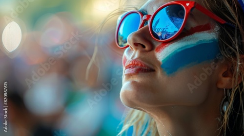 portrait of a beautiful fan of the French national team with the colors of the team on her face and clothes. fan of the French national team at the stadium