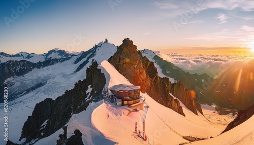 sunset panoramic view of mont blanc refuge du gouter 3835 m the popular starting point for attempting the ascent of mont blanc france